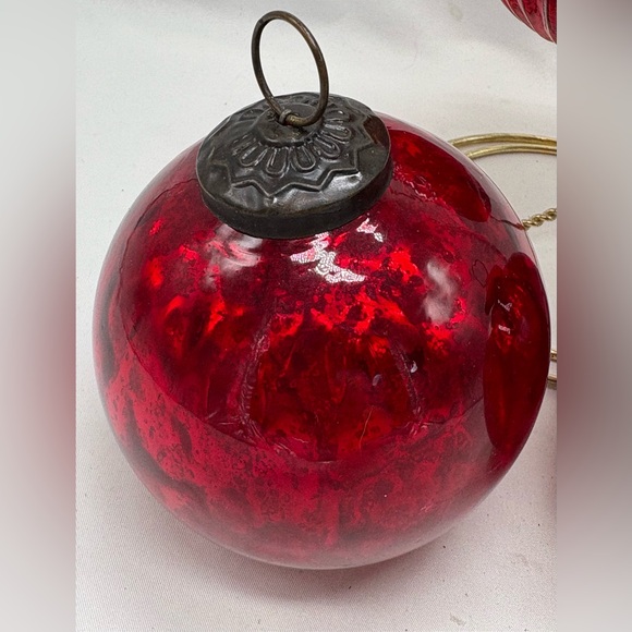 Lot Of 3 Kugel Style RED Mercury Crackle Glass Christmas Ornaments Heavy 4" - Picture 8 of 8